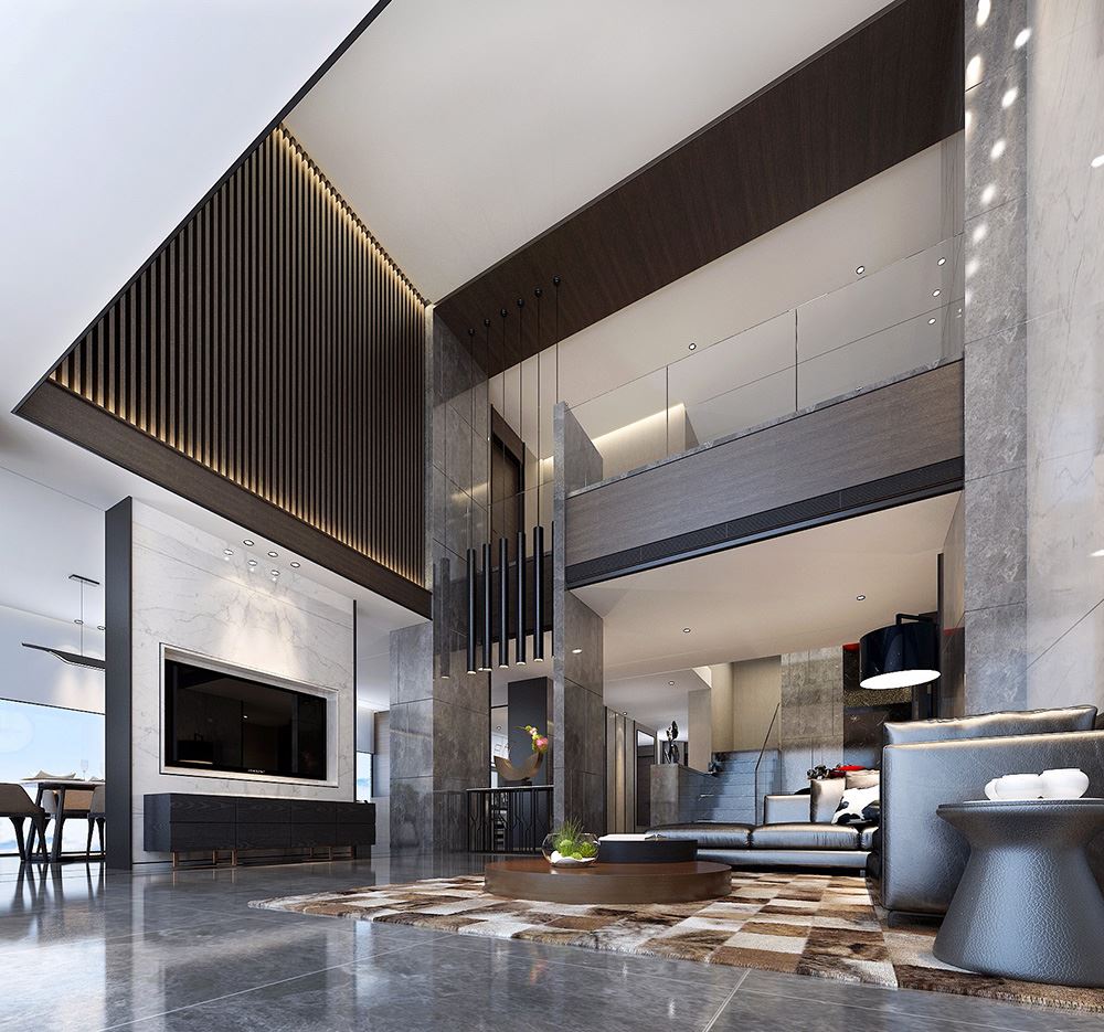 黑白灰现代简约风格室内装修效果图-南宁天湖郦都别墅420平米